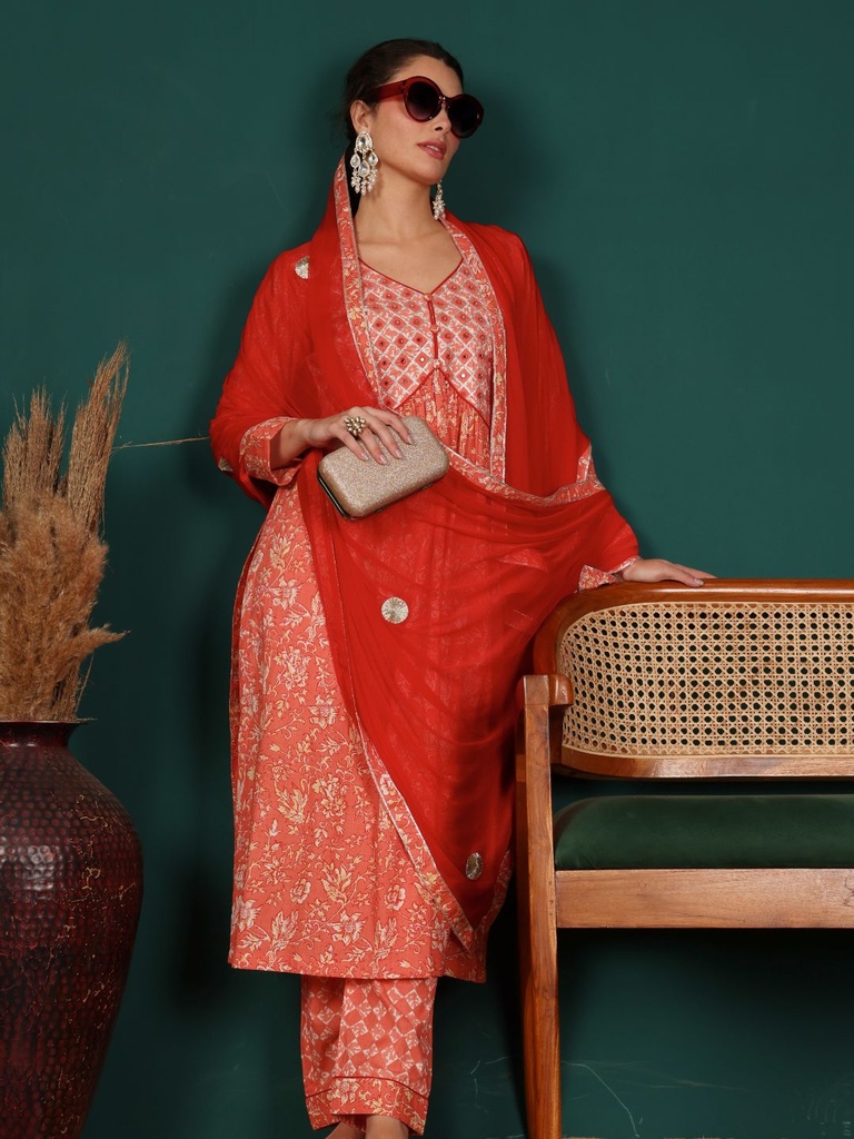 Floral Yoke Design Panelled Mirror Work Pure Cotton Kurta with Trousers 