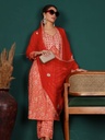 Floral Yoke Design Panelled Mirror Work Pure Cotton Kurta with Trousers 
