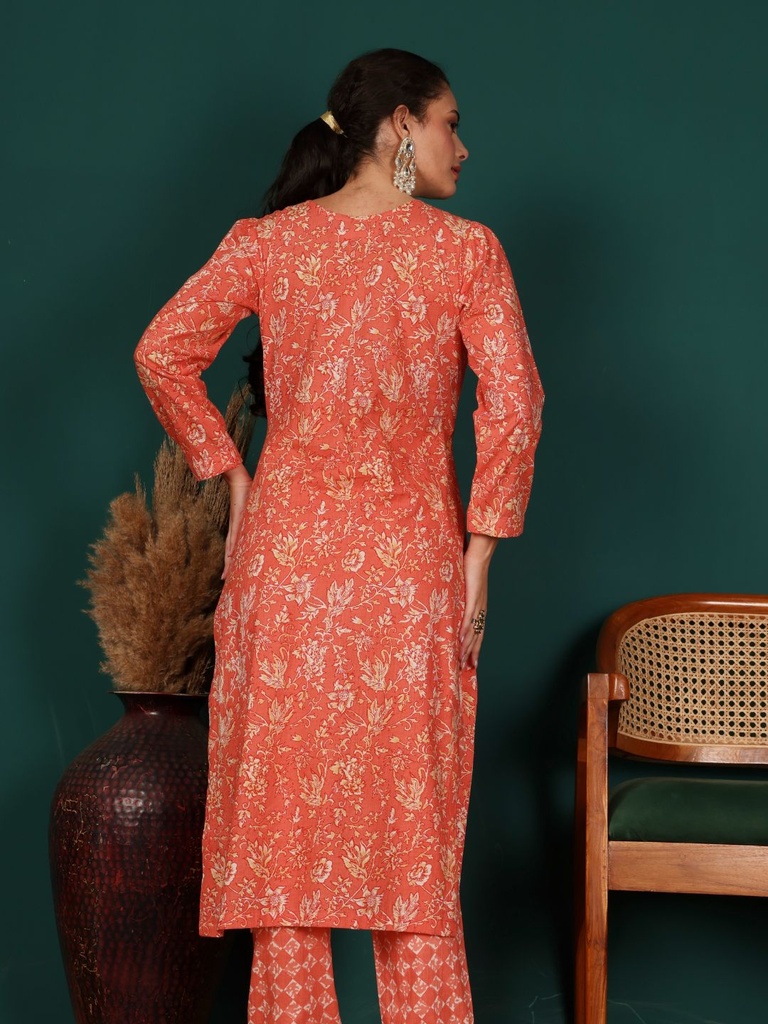 Floral Yoke Design Panelled Mirror Work Pure Cotton Kurta with Trousers 