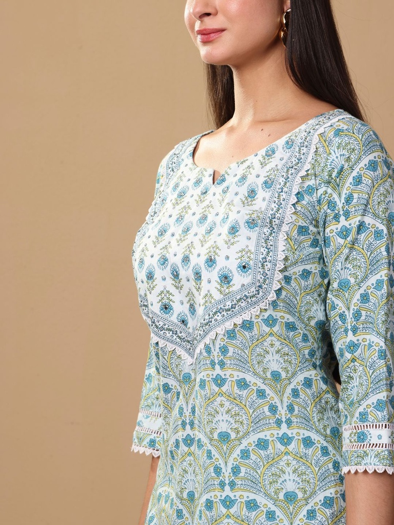 Printed Mirror Work Pure Cotton Kurta with Trouser & Dupatta