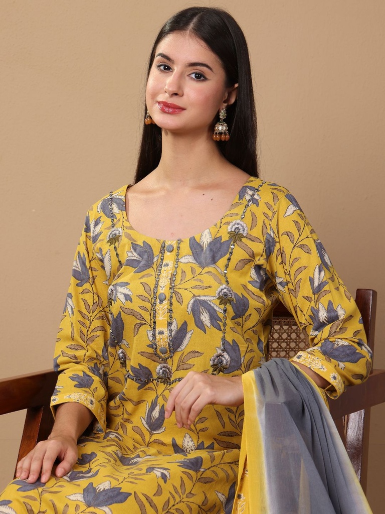 Printed Mirror Work Pure Cotton Kurta with Trouser & Dupatta