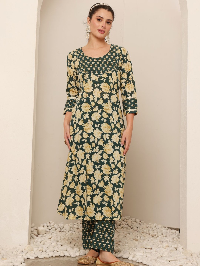 Women Floral Yoke Design Regular Thread Work Pure Cotton Kurta with Trousers & Dupatta
