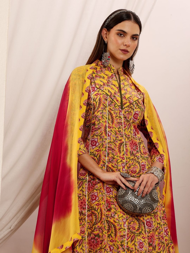 Floral Printed A-Line Pure Cotton Kurta With Trousers & Dupatta