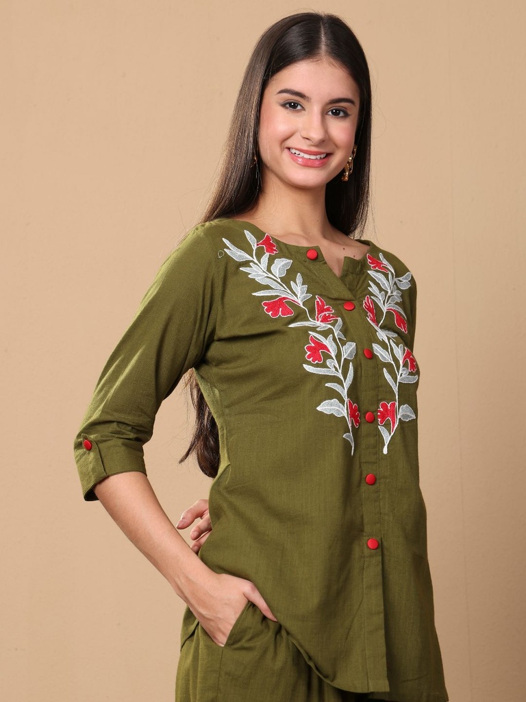 Embroidered Notch Neck Linen Tunic With Trouser