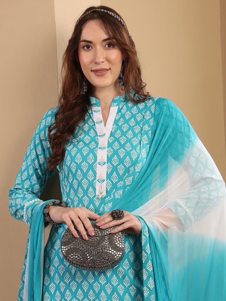 Blue Rayon Pearl Work Suit Set 
