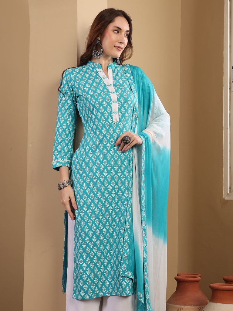 Blue Rayon Pearl Work Suit Set 