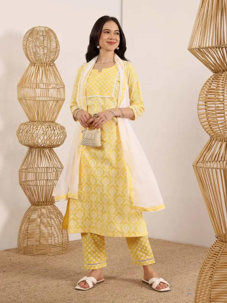  Luminous Yellow Yoke Pattren Suit Set