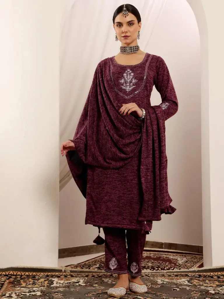  Regal Plum Ensemble Woolen Suit Set