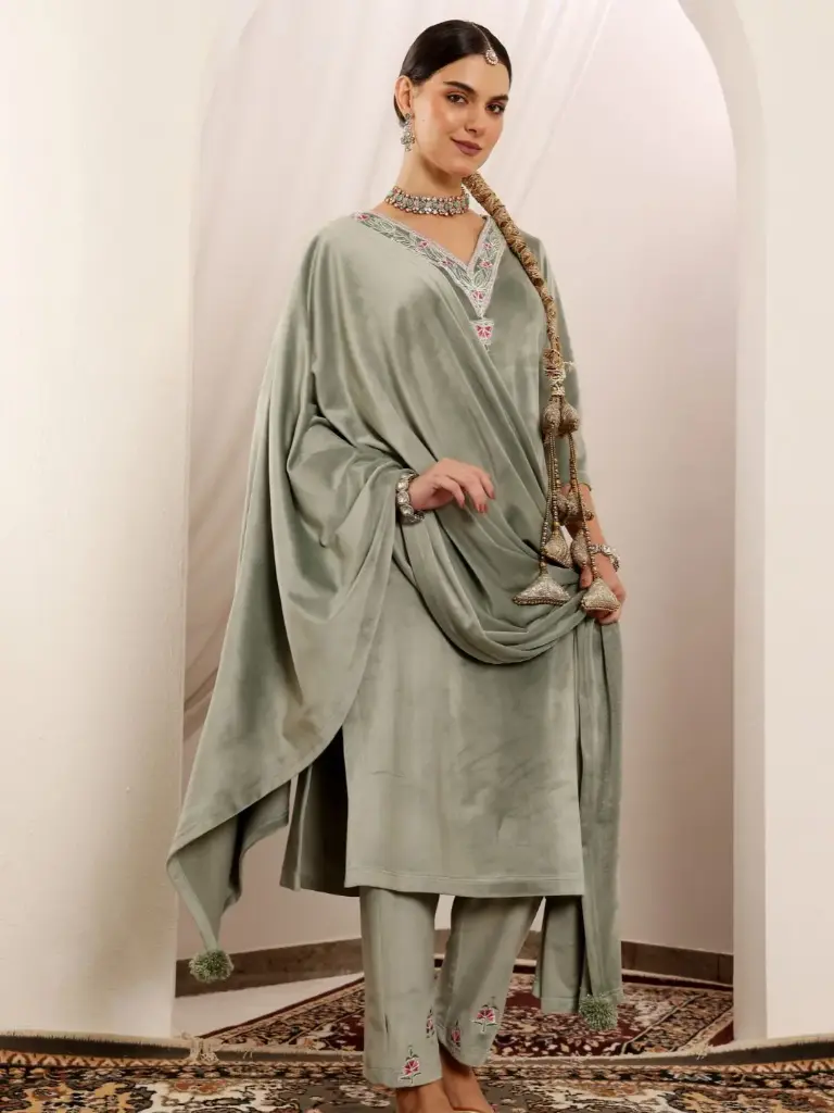  Sage Green Velvet Kurta Set