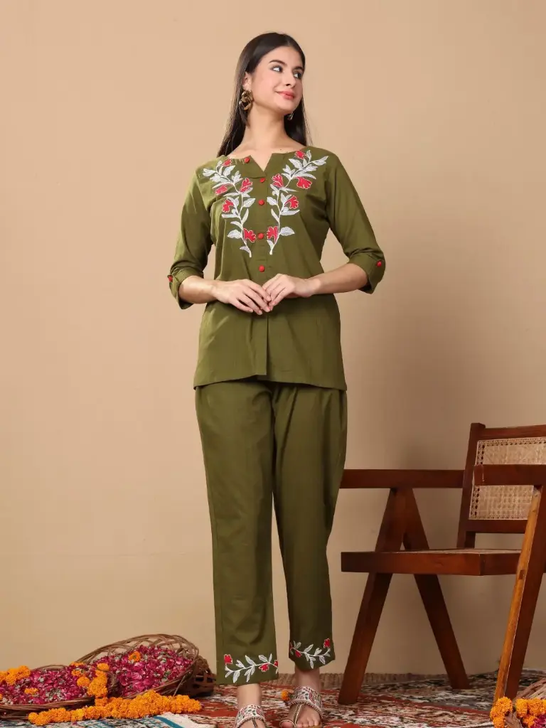  Olive Embroidered Elegance Co-ord Set