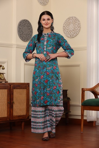 Cotton Blue Printed Kurti Set 